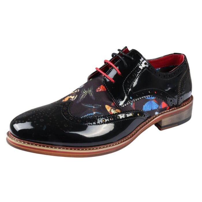 Scarpe da uomo in pelle verniciata con stampa a farfalla, stringate, stile brogue, eleganti e formali - Knighthood Store