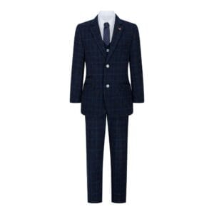 Traje azul de 3 piezas para niño, a cuadros azul marino, para boda, graduación, formal, estilo vintage, corte a medida - Knighthood Store