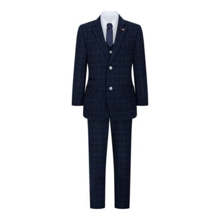 Boys Blue 3 Piece Suit Navy Check Wedding Prom Formal Vintage Tailored Fit - Knighthood Store