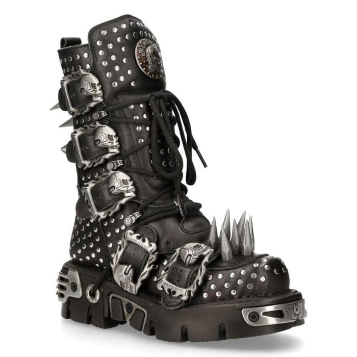 New Rock 1535-S1 Schwarze Militärstiefel aus Leder mit Metallspikes und Schnallen, Punk, EMO - Knighthood Store