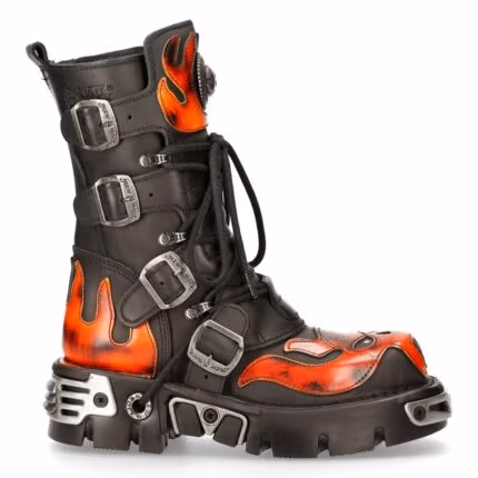 New Rock 107-S1 Red Skull Devil Black Leather Boot Biker Goth Rock Boots - Knighthood Store