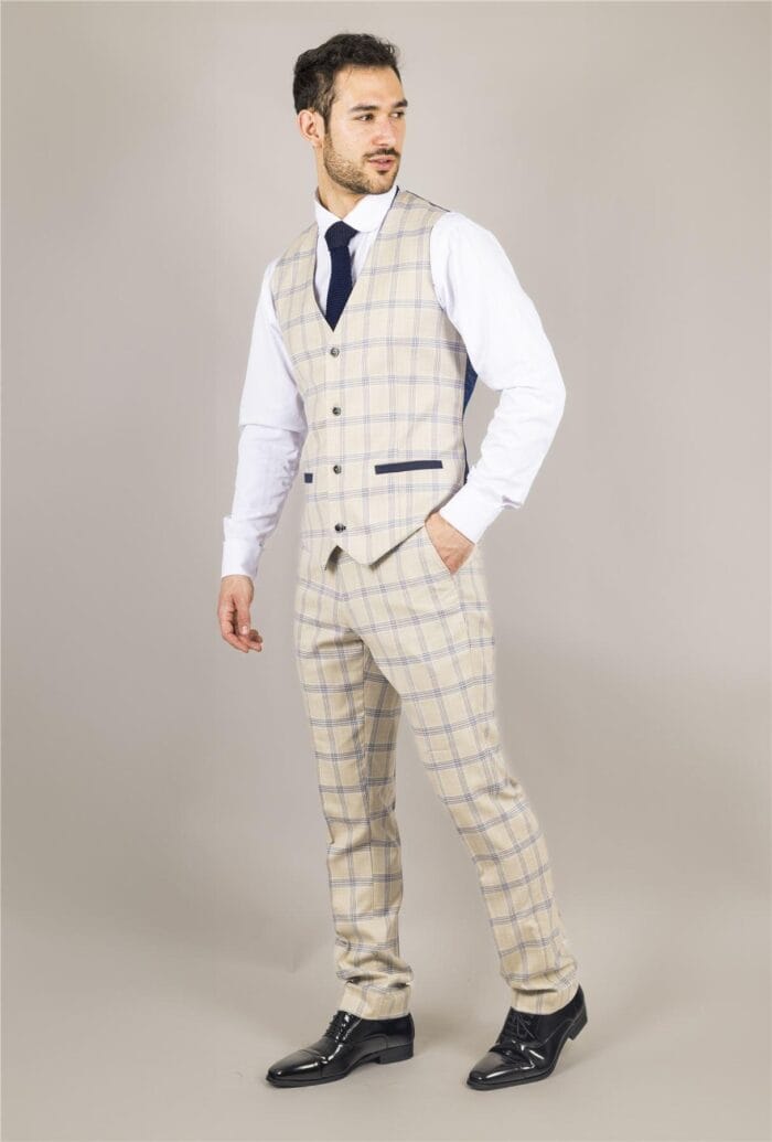 Herrenweste Beige Kariert Tailored Fit Weste - Knighthood Store
