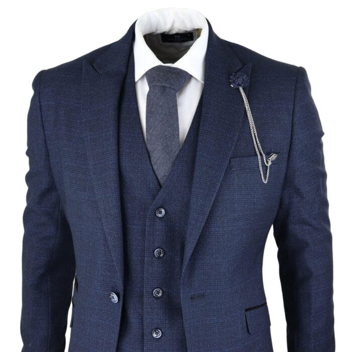 Mens Herringbone Tweed Navy Blue Check 3 Piece Vintage Suit Tan - Knighthood Store