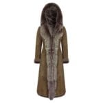 Ladies Suede Toscana Full Length Hooded Taupe Sheepskin Leather Trench Coat - Knighthood Store
