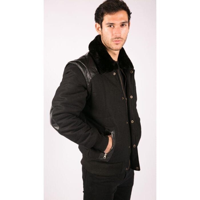 Schwarze Bomberjacke aus Leder mit Schulterpatches und abnehmbaren Ärmeln für Herren – Knighthood Store