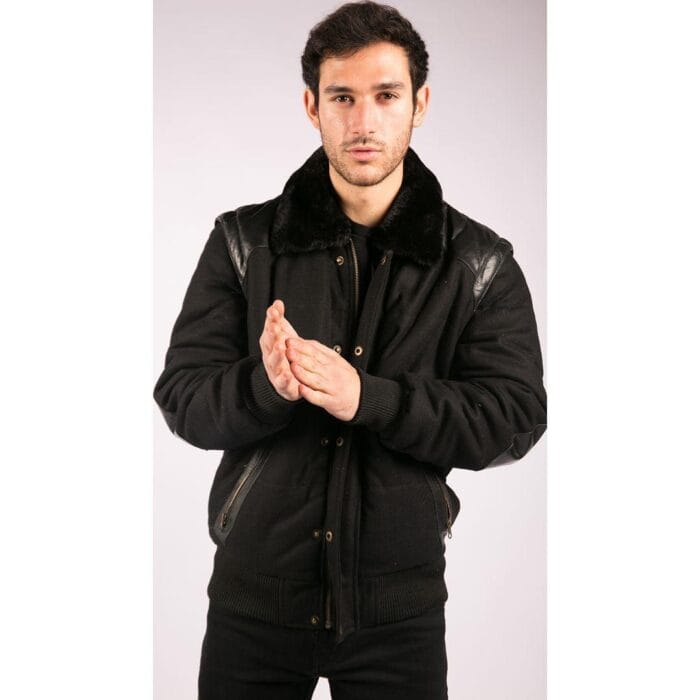 Schwarze Bomberjacke aus Leder mit Schulterpatches und abnehmbaren Ärmeln für Herren – Knighthood Store