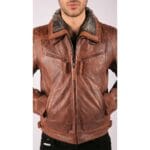 Mens Washed Rust Tan Brown Removable Fur Collar Leather Jacket Slim Fit Zipped - Knighthood Store