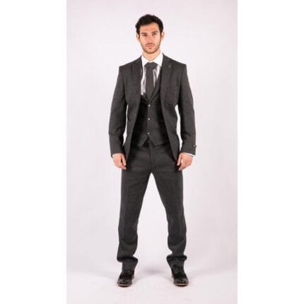 Mens Grey Black 3 Piece Tweed Suit Herringbone Wool Vintage Retro - Knighthood Store