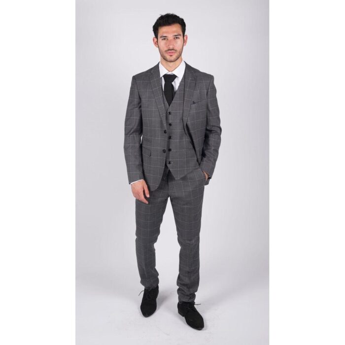 Mens Grey Check 3 Piece Suit Vintage Retro Smart Wedding Classic Tailored Fit Light - Knighthood Store