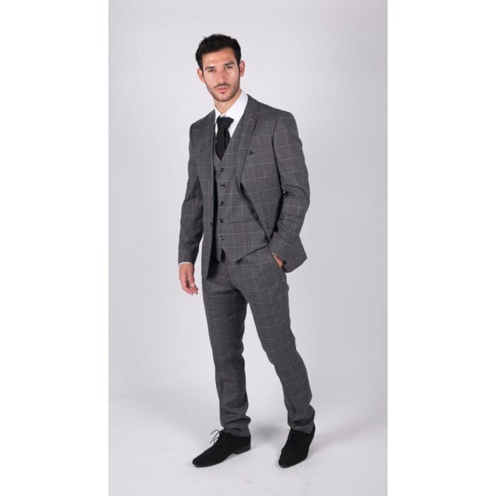Mens Grey Check 3 Piece Suit Vintage Retro Smart Wedding Classic Tailored Fit Light - Knighthood Store
