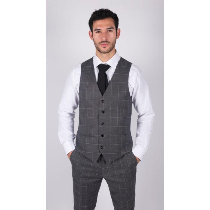 Mens Grey Check 3 Piece Suit Vintage Retro Smart Wedding Classic Tailored Fit Light - Knighthood Store