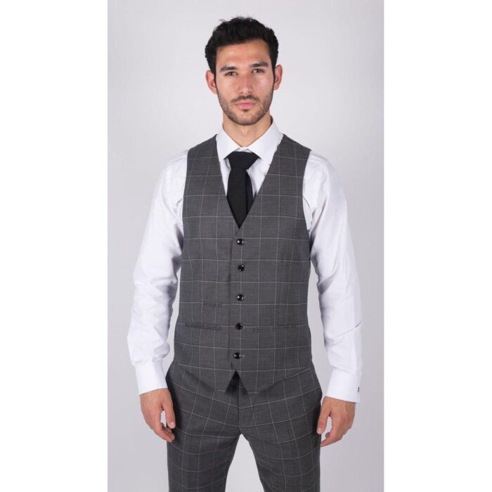 Mens Grey Check 3 Piece Suit Vintage Retro Smart Wedding Classic Tailored Fit Light - Knighthood Store