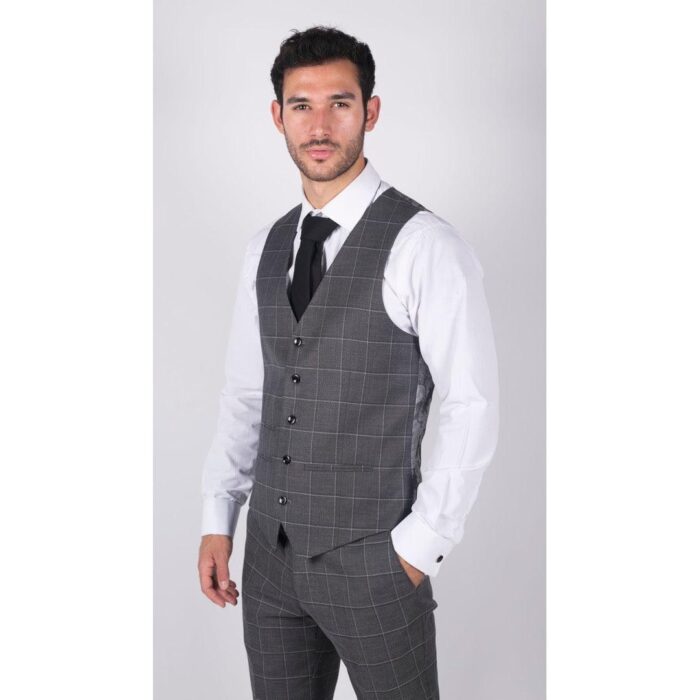 Mens Grey Check 3 Piece Suit Vintage Retro Smart Wedding Classic Tailored Fit Light - Knighthood Store