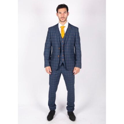 Mens 3 Piece Blue Orange Check Suit Retro Smart Tailored Fit Vintage - Knighthood Store