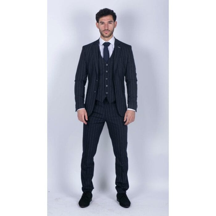 Abito da uomo 3 pezzi a righe blu navy, classico vintage retrò anni '20, su misura, da sposo - Knighthood Store