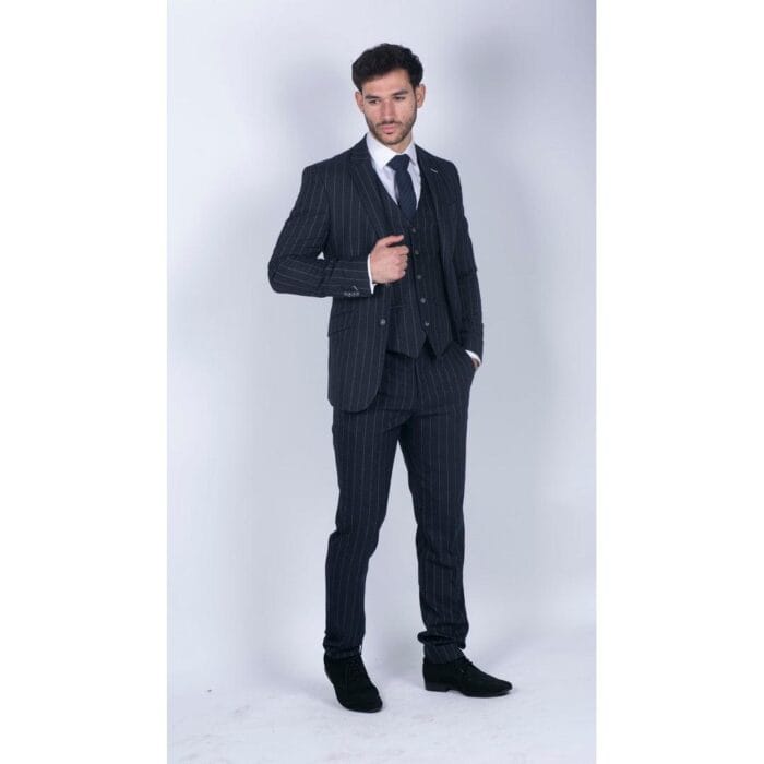 Abito da uomo 3 pezzi a righe blu navy, classico vintage retrò anni '20, su misura, da sposo - Knighthood Store