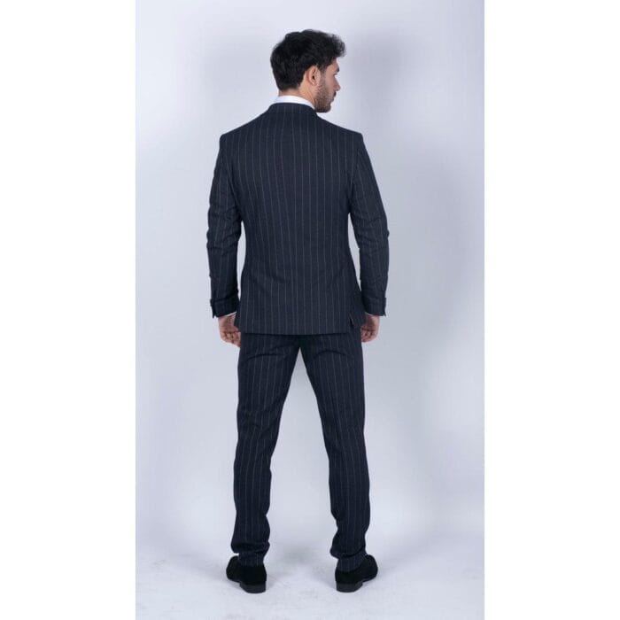 Abito da uomo 3 pezzi a righe blu navy, classico vintage retrò anni '20, su misura, da sposo - Knighthood Store