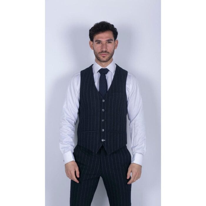 Abito da uomo 3 pezzi a righe blu navy, classico vintage retrò anni '20, su misura, da sposo - Knighthood Store