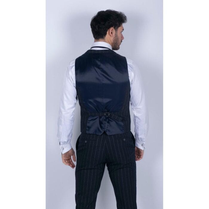 Abito da uomo 3 pezzi a righe blu navy, classico vintage retrò anni '20, su misura, da sposo - Knighthood Store
