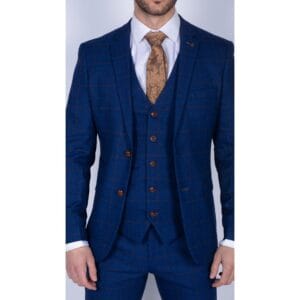 Traje de 3 piezas a cuadros azul y marrón para hombre, corte entallado, para boda, graduación, carrera, estilo Príncipe de Gales - Knighthood Store