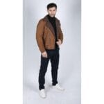 Veste de motard en cuir véritable noir et marron avec fermeture éclair croisée pour homme, doublée polaire, coupe ajustée, style chic et décontracté - Knighthood Store