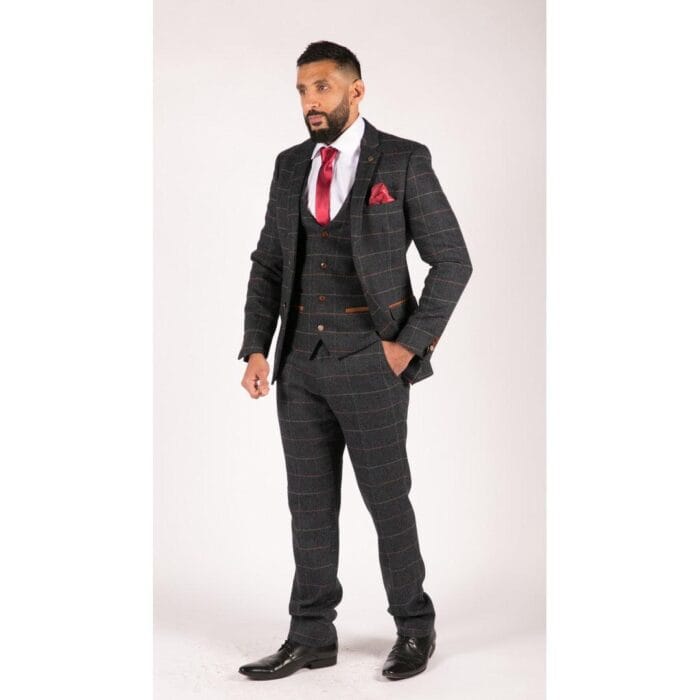 Abito da uomo Marc Darcy vintage a 3 pezzi in tweed a spina di pesce a quadri blu navy - Knighthood Store
