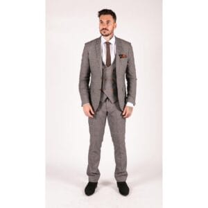 Traje formal clásico de 3 piezas para hombre, con chaleco cruzado a cuadros azul marino y tostado - Knighthood Store