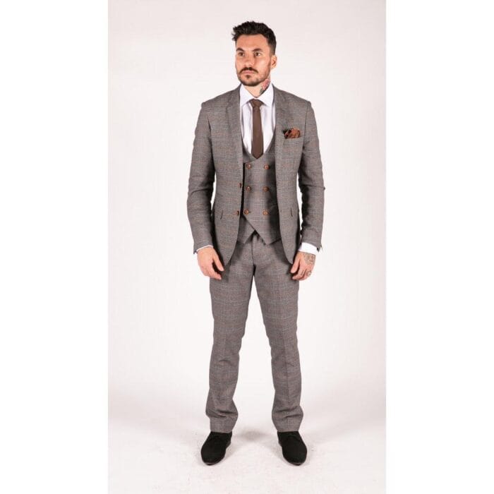 Completo da uomo classico, 3 pezzi, con gilet doppiopetto, blu navy e quadri beige - Knighthood Store