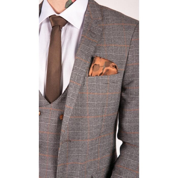 Completo da uomo classico, 3 pezzi, con gilet doppiopetto, blu navy e quadri beige - Knighthood Store