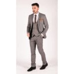 Completo da uomo classico, 3 pezzi, con gilet doppiopetto, blu navy e quadri beige - Knighthood Store