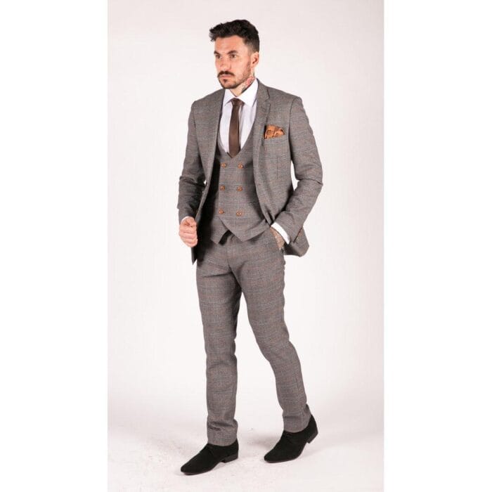 Completo da uomo classico, 3 pezzi, con gilet doppiopetto, blu navy e quadri beige - Knighthood Store