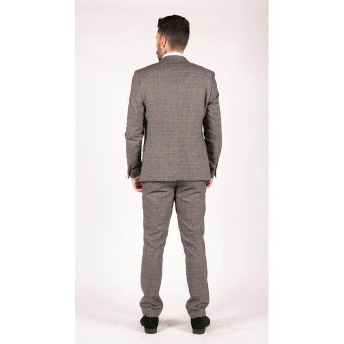 Completo da uomo classico, 3 pezzi, con gilet doppiopetto, blu navy e quadri beige - Knighthood Store