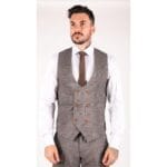 Completo da uomo classico, 3 pezzi, con gilet doppiopetto, blu navy e quadri beige - Knighthood Store