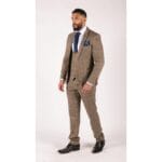 Mens 3 Piece Herringbone Tweed Tan Brown Check Suit Tailored Fit Double Classic - Knighthood Store