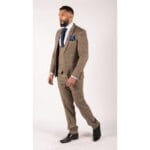 Mens 3 Piece Herringbone Tweed Tan Brown Check Suit Tailored Fit Double Classic - Knighthood Store