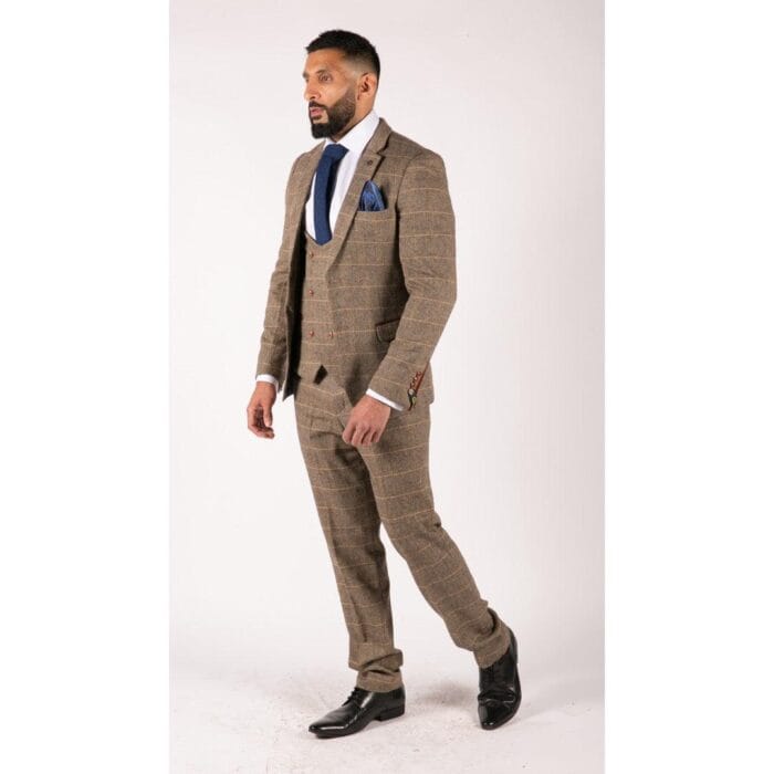 Abito da uomo a spina di pesce in tweed marrone chiaro a quadri, 3 pezzi, vestibilità su misura, classico doppio - Knighthood Store