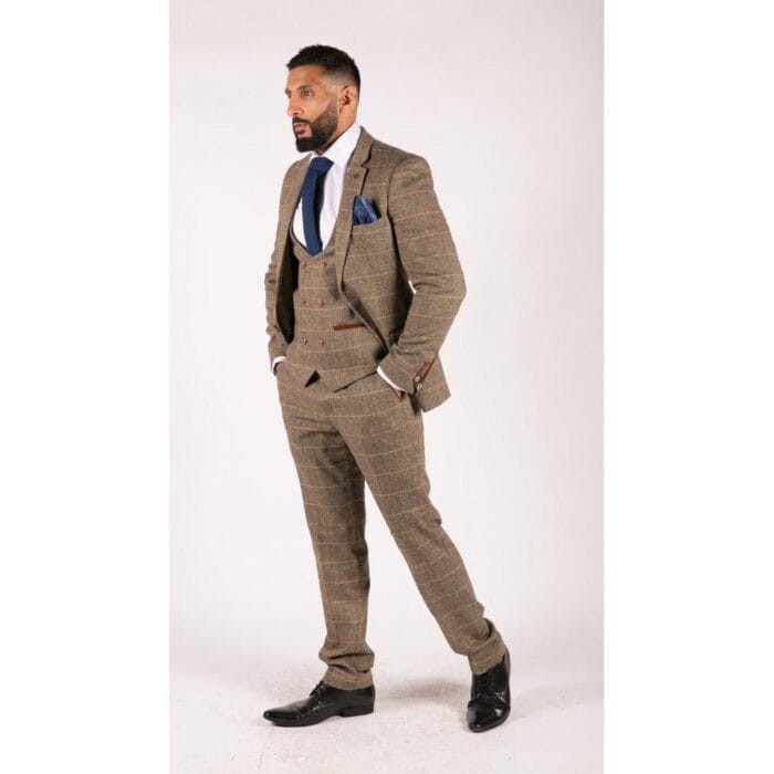 Abito da uomo a spina di pesce in tweed marrone chiaro a quadri, 3 pezzi, vestibilità su misura, classico doppio - Knighthood Store
