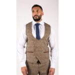 Mens 3 Piece Herringbone Tweed Tan Brown Check Suit Tailored Fit Double Classic - Knighthood Store