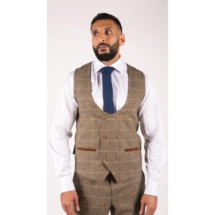 Abito da uomo a spina di pesce in tweed marrone chiaro a quadri, 3 pezzi, vestibilità su misura, classico doppio - Knighthood Store