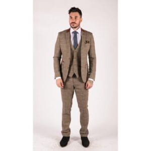 Abito da uomo a 3 pezzi in tweed a spina di pesce vintage a quadri, marrone chiaro, vestibilità slim fit, da matrimonio - Knighthood Store