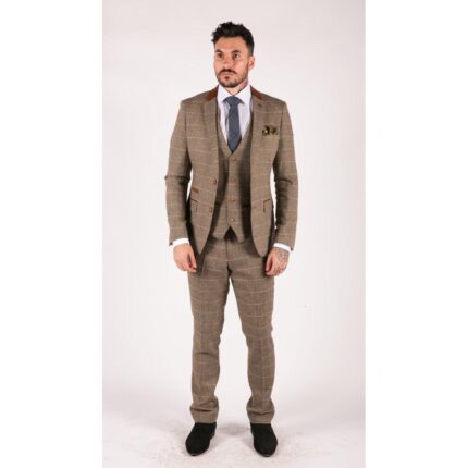 Mens Check Vintage Herringbone Tweed Tan Brown 3 Piece Suit Slim Fit Wedding - Knighthood Store