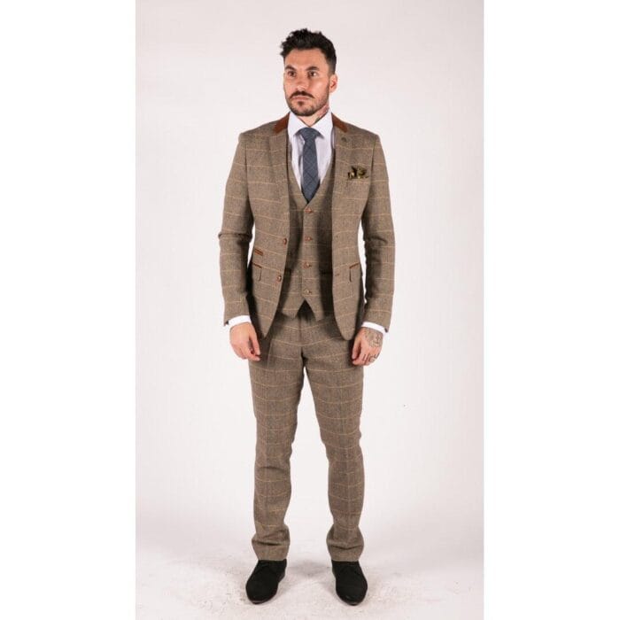 Abito da uomo a 3 pezzi in tweed a spina di pesce vintage a quadri, marrone chiaro, vestibilità slim fit, da matrimonio - Knighthood Store