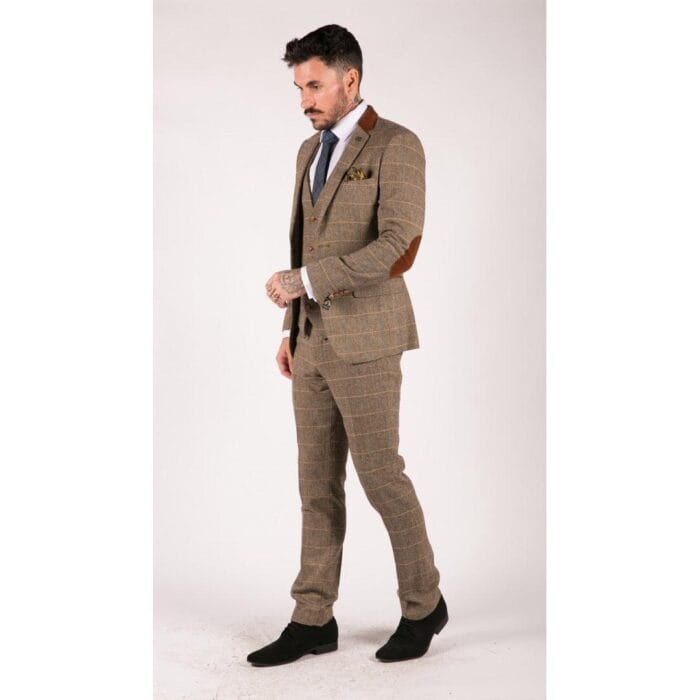 Abito da uomo a 3 pezzi in tweed a spina di pesce vintage a quadri, marrone chiaro, vestibilità slim fit, da matrimonio - Knighthood Store