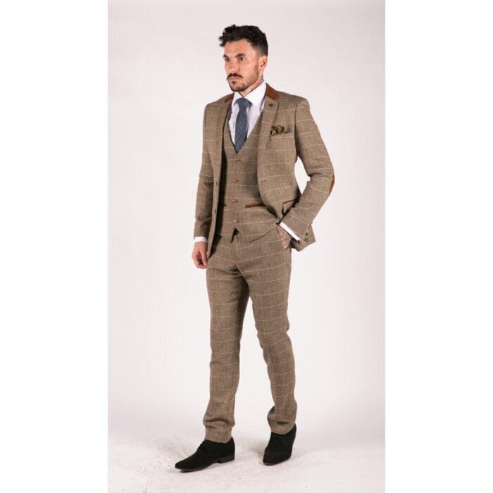 Abito da uomo a 3 pezzi in tweed a spina di pesce vintage a quadri, marrone chiaro, vestibilità slim fit, da matrimonio - Knighthood Store