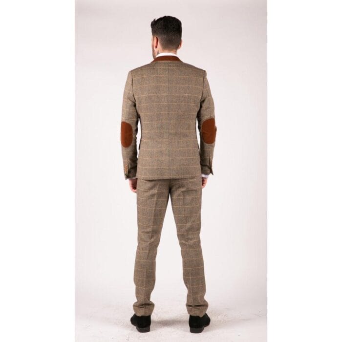 Abito da uomo a 3 pezzi in tweed a spina di pesce vintage a quadri, marrone chiaro, vestibilità slim fit, da matrimonio - Knighthood Store