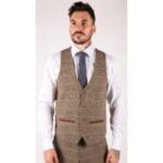 Abito da uomo a 3 pezzi in tweed a spina di pesce vintage a quadri, marrone chiaro, vestibilità slim fit, da matrimonio - Knighthood Store