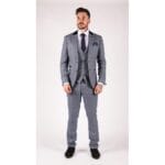 Blau karierter 3-teiliger Anzug von Marc Darcy für Herren, zweireihig, Weste und Ellenbogenflicken - Knighthood Store