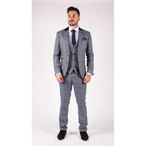 Abito da uomo Marc Darcy a quadri blu, 3 pezzi, doppiopetto, gilet e toppe sui gomiti - Knighthood Store
