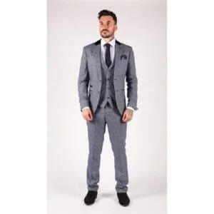 Mens Blue Check Marc Darcy 3 Piece Suit Double Breasted Waistcoat Elbow Patch - Knighthood Store