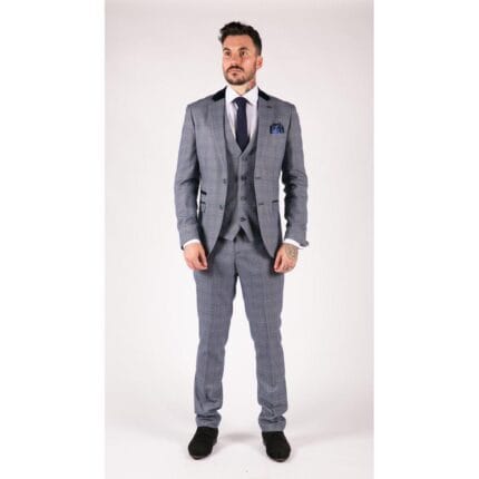 Mens Blue Check Marc Darcy 3 Piece Suit Double Breasted Waistcoat Elbow Patch - Knighthood Store